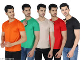 Solid round neck polyester t-shirts pack of 5, ideal for daily wear, exercise, and casual outings. ARG Fashions, India origin