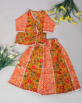 Pink cotton Jaipuri print baby girls One Side Off Shoulder Top/Kurti & Lehenga/Skirt Set (S19_A), three-quarter sleeves, floral dupatta, soft cotton fabric
