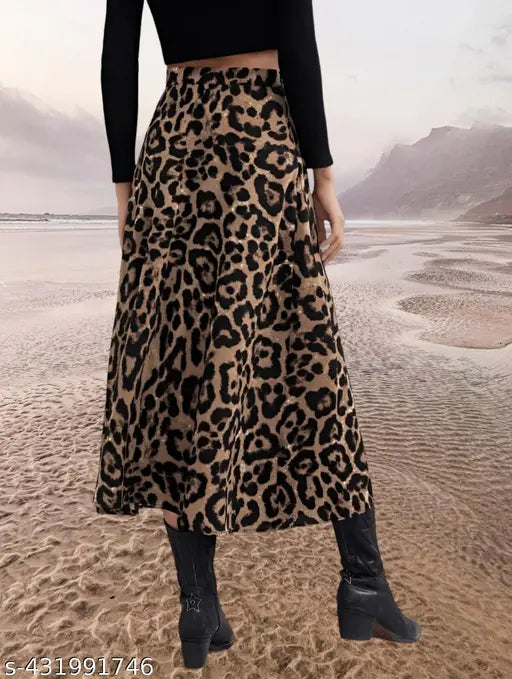 Leopard print polyester elastic high-waist skirt, casual and stylish with single side slit, 31 inches length
