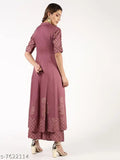 Women's rayon Anarkali printed long kurti with palazzos, featuring short sleeves and intricate design, versatile for various occasions, India origin