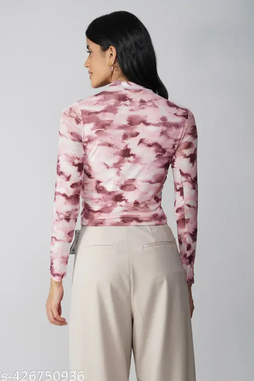 Green and beige printed net full sleeves round neck mesh top for women, lightweight and breathable fabric