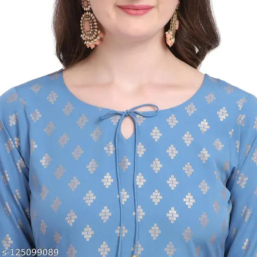 Printed polyester Kurta Set with Palazzo, featuring three-quarter sleeves and unique mid, one side, and two side slits. Indian-inspired design for women's wardrobe