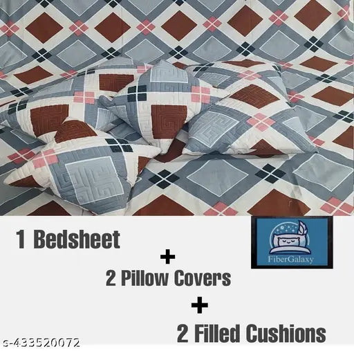 Quilted Glace cotton bedsheet set, multicolor five-piece (1 king sheet + 2 embroidered pillow covers + 2 filled cushions), ideal for summer adult use