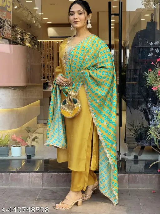 Embroidered Chanderi Viscose set: Kurti pant and dupatta, three-quarter sleeve, pack of 3 (S, M, L, XL, XXL) Indian origin