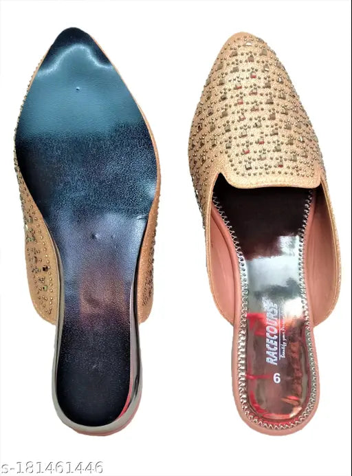 Synthetic peach embellished flat shoes, women's slip-on with racecourse pattern, Indian origin - sizes IND-3 to IND-8