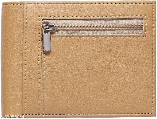 Beige PU leather wallet with front chain coin pocket design for men, featuring 5 compartments, including a zippered inside pocket. Perfect gifting solution for festivals like Diwali, Dhanteras, and weddings. Durable polyester lining interior ensures longevity. Made in India