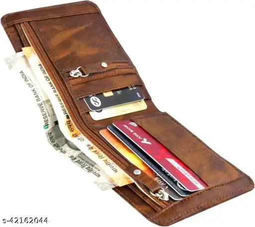 Attractive brown leatherette bi-fold men's wallet with 2 compartments, featuring 4 card slots, chain pocket, flip ID, secret slots, and currency compartments. Solid design, PU leather exterior, free size (9cm x 5cm). Made in India