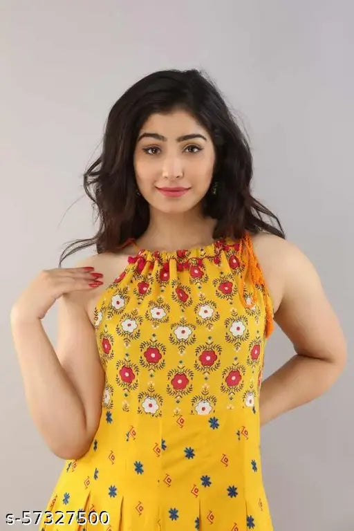Musterd yellow printed long kurti, sleeveless rayon fabric, vibrant Indian fashion accessory