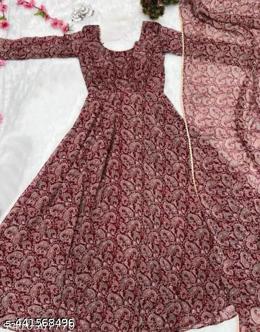 Maroon silk anarkali gown with dupatta and full sleeves, printed floral design on soft silk fabrics