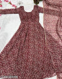 Maroon silk anarkali gown with dupatta and full sleeves, printed floral design on soft silk fabrics