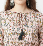 Multicolored peach base maxi top, 3/4 sleeve, round neck with tassel detailing & front slit. Indian women's fashion