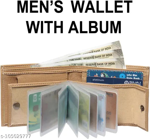 Beige PU leather wallet for men with album design, card slots, and front chain coin pocket - great gift idea from India