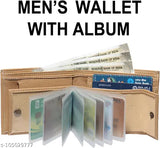 Beige PU leather wallet for men with album design, card slots, and front chain coin pocket - great gift idea from India