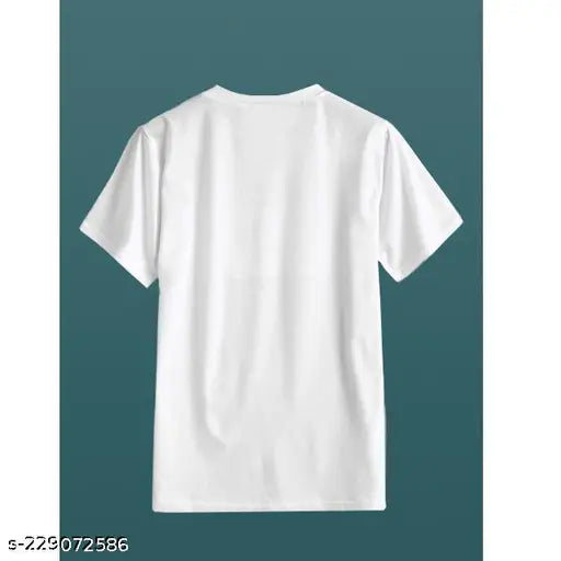 White cotton blend half-sleeve men's t-shirt (M: 38in chest, 27in length), printed design for active and casual wear. Made in India