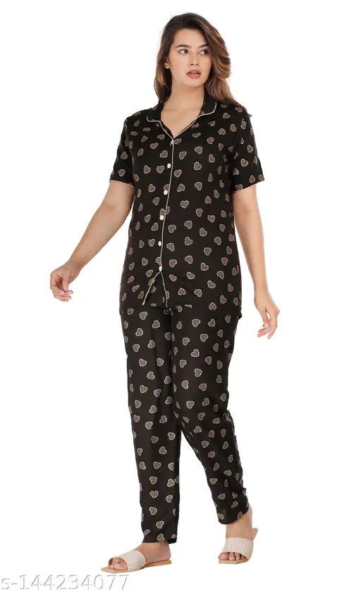 Stylish printed cotton night suit for women & girls, featuring short sleeves and pyjama bottoms in Love Collection's vibrant designs, India-made for comfort and glamour
