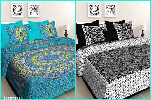 White 100 cotton double flat sheets set with 4 pillow covers, Jaipuri pattern, ideal for summer adult use