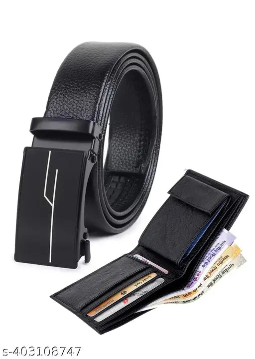 Synthetic leather belt and wallet combo, classic design for men's formal and casual wear, free size, made in India