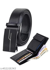 Synthetic leather belt and wallet combo, classic design for men's formal and casual wear, free size, made in India