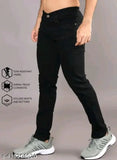 Trendy men's black denim jeans, regular fit, durable and stretchable, perfect for any occasion