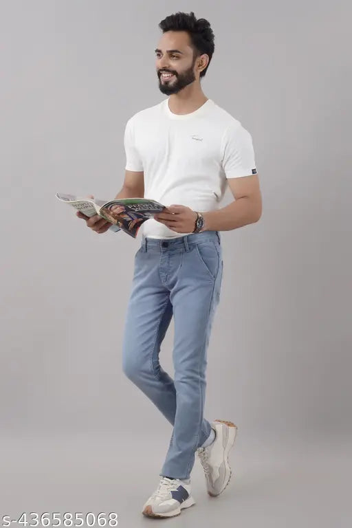 Mens skyblue stretchable denim jeans, slim fit with fine quality silky fabric, pre-washed for the best fit, ideal for casual and formal wear (30in x 41in x 30in, India origin)