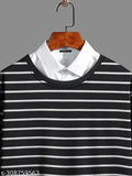 Black and White CottonBlend striped polo neck full sleeve shirt for men - slim fit, India-made