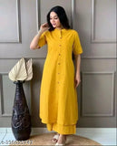 Yellow rayon kurta set with palazzos, short sleeves and no dupatta, single size available in S-XXXL. Indian-made traditional women's fashion