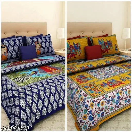 Attractive cotton queen-size bedsheets set, pack of 2 from India (144 thread count, 4 pillow covers included)