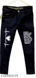 Designer LATEST black denim slim fit jeans, elegant placement print on display