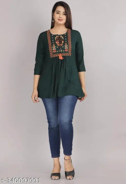 Embroidered rayon three-quarter sleeve tops for women, Indian-made net patterned style