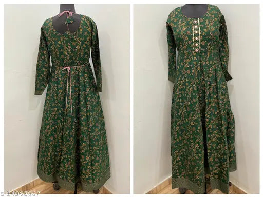 Rayon, long-sleeved floral printed Anarkali style gown kurti with tassels and dori, India-made