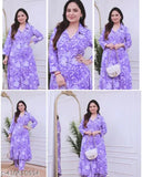 Pure cotton women's kurta palazzo set with three-quarter sleeves, printed net design, available in sizes M, L, XL, XXL. Made in India