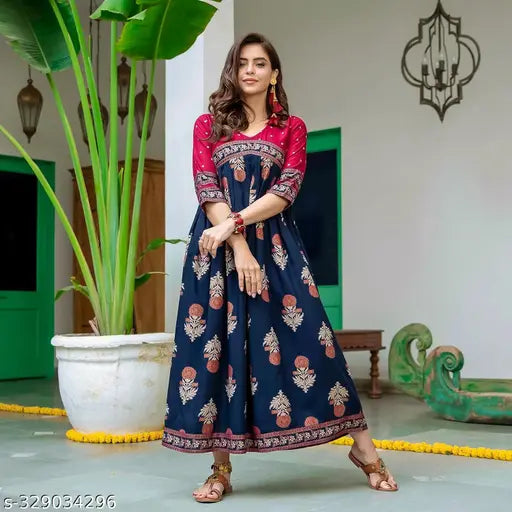 Gold polka print rayon anarkali kurti, three-quarter sleeves, trendy ethnic wear for women's parties