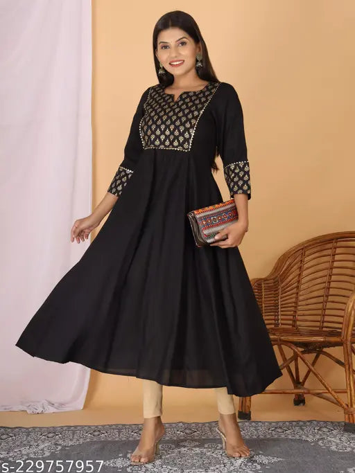 Black viscose rayon ethnic dress with printed combo, three-quarter sleeves for plus size women, S9XL