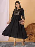 Black viscose rayon ethnic dress with printed combo, three-quarter sleeves for plus size women, S9XL