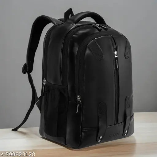 Faux leather black backpack with 15.6" laptop compartment, spacious design for office, college, travel, and unisex use. Water-resistant base for protection. Adjustable shoulder straps with breathable mesh padding for comfort