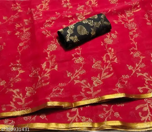 Chiffon gold foil embellished saree with self-designed brocade blouse, trending party wear for festive occasions like Diwali and Karwa Chauth