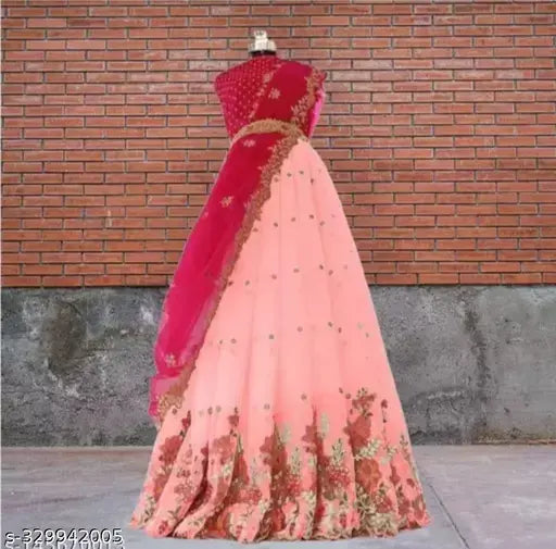 Embroidered dupion silk lehenga with net bottomwear and dupatta, free size, Indian origin" (106 characters)