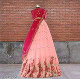 Embroidered dupion silk lehenga with net bottomwear and dupatta, free size, Indian origin" (106 characters)