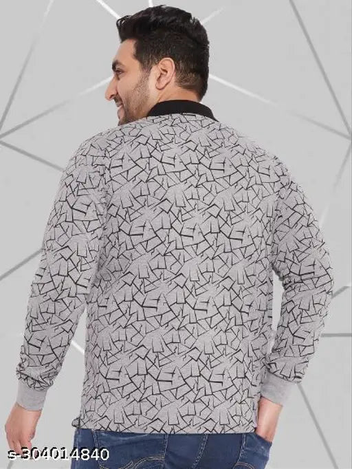 Grey all-over printed full sleeve polo neck t-shirt for men, cotton blend, wild west design, plus size, 6XL (chest 59in, length 33in)