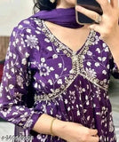 Purple Rayon Chikankari Embroidered Kurta, georgette, three-quarter sleeves, printed combo, Aaliya Fashion, traditional events wear