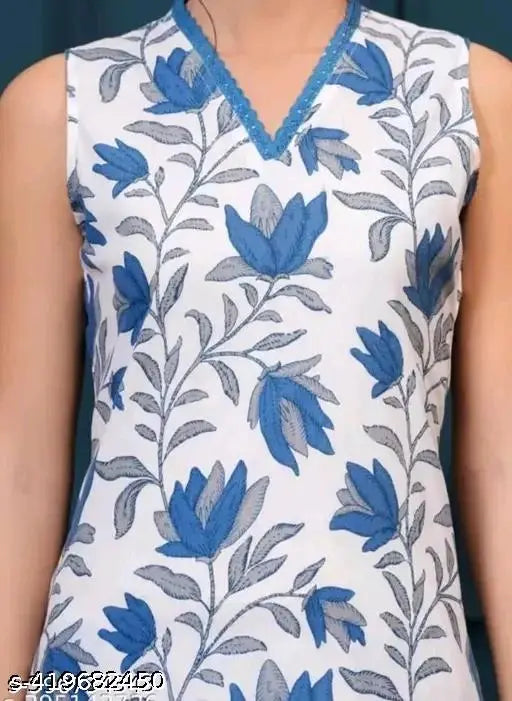 Rama Flower Cotton Kurta Set - Printed Indian cotton blend ensemble with sleeveless kurta and matching pants