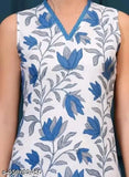Rama Flower Cotton Kurta Set - Printed Indian cotton blend ensemble with sleeveless kurta and matching pants