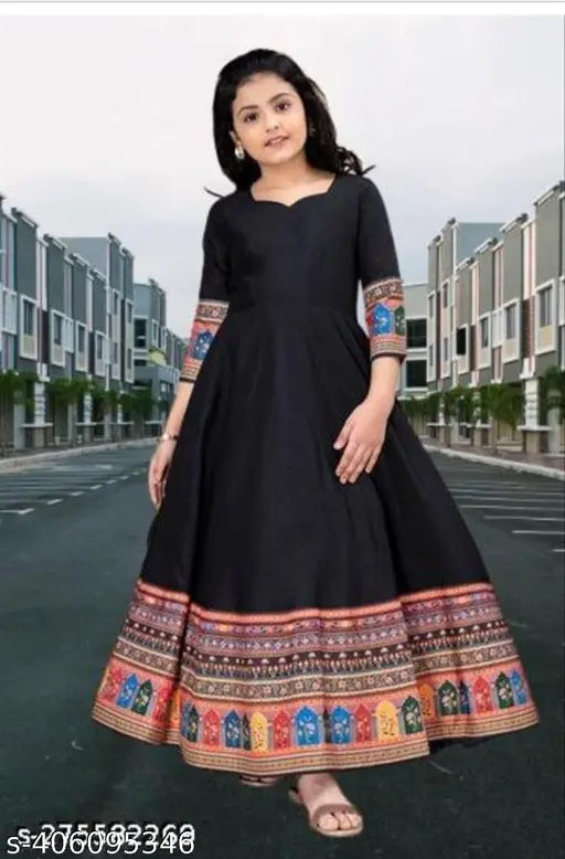 Black rayon maxi dress with colorful border, perfect for girls celebrations