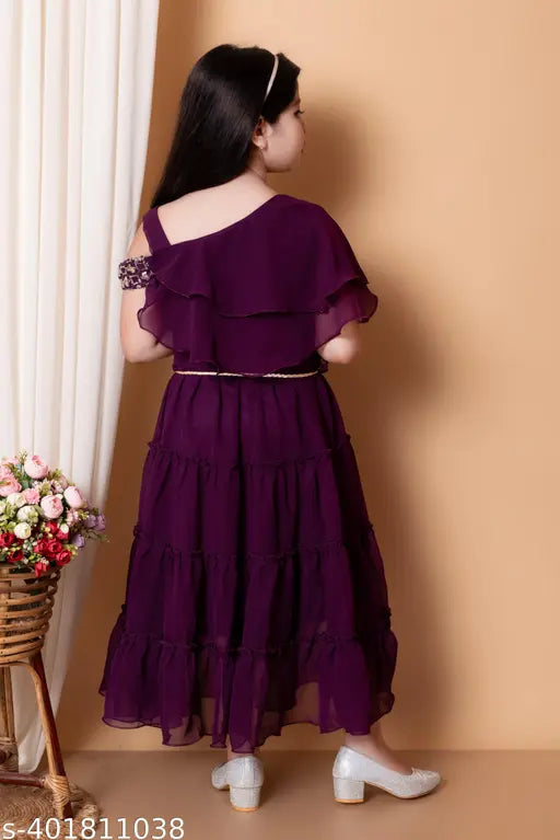Embroidered net party wear dress for kids girl, poly silk, short sleeves, India
