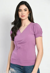 Solid pleated top, short sleeves, polyester, trendy fashion wear for women, size S (34in bust, 22in length), made in India