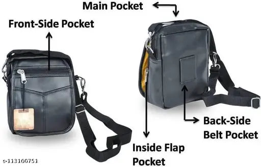 Black leather cross-body travel bag, stylish and functional with 1 main compartment, 2 zipper pockets, belt pocket, and adjustable strap. Perfect for men and women on the go. Dimensions: L x B x H = 16 x 7 x 20 cm. Origin: India