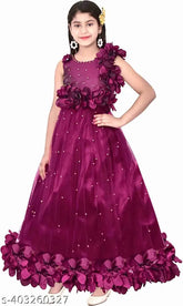 Purple net ethnic gown for girls, embellished sleeveless party dress, trendy wedding or function wear