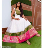 Silk western gown by Xlady, short sleeves, Zari woven net, silver chevron jacquard brocade neck