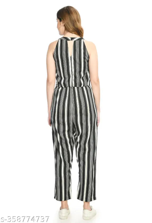 Black & White striped women's crepe jumpsuit, sleeveless, printed net pattern, keyhole neck and knot detail. Made in India