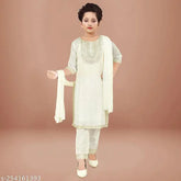 Off-white embroidered Chanderi Salwar Suit Set for girls, featuring striped top with three-quarter sleeves and churidar bottoms. Sizes range from 4-5 years to 15-16 years. Indian origin
